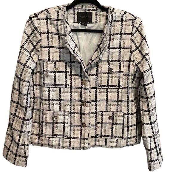 NWT- Tahari- Plaid Black White Cropped Gold Buttons Lined Tweed Jacket Blazer, L - Picture 12 of 12